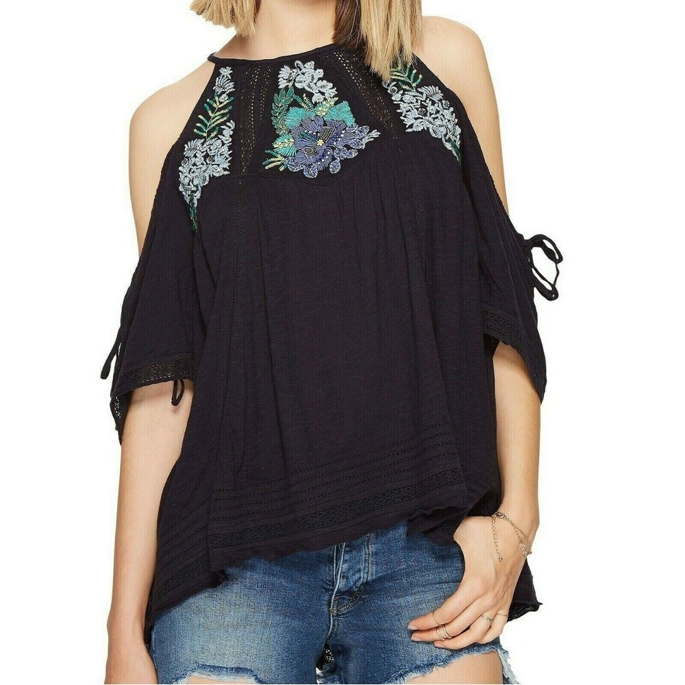 FREE PEOPLE Navy Fast Times Floral Embroidered Cotton Cold Shoulder Top size S